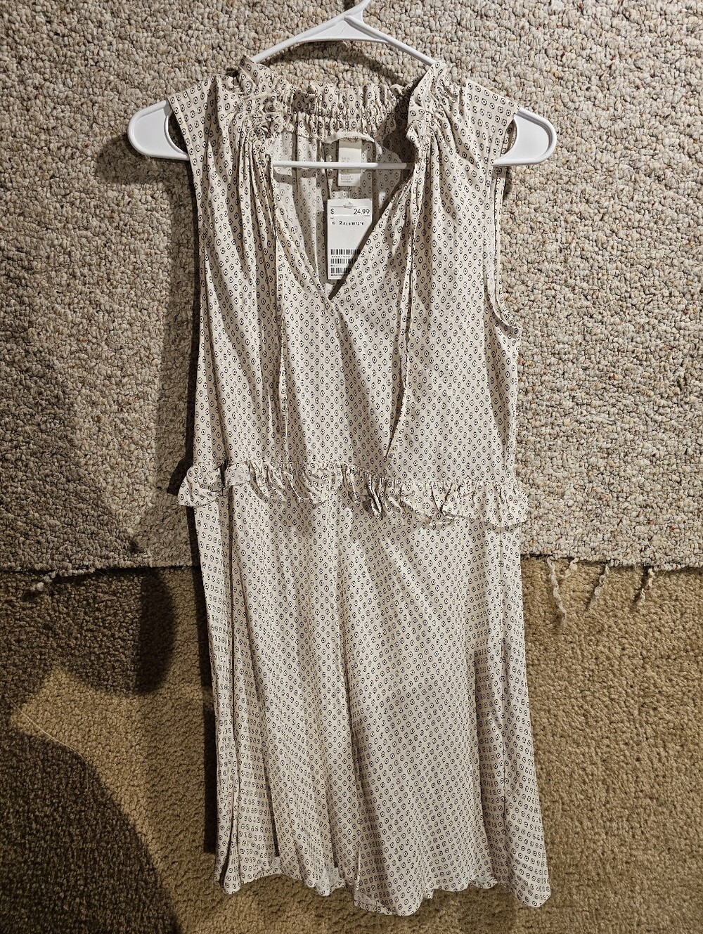 Sleeveless Cream Printed Ruffle Waist Dress